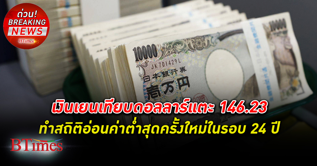 เงินเยน ร่วงหนักแตะกว่า 146 ต่อดอลลาร์ ต่ำสุดใน 24 ปีครั้งใหม่
