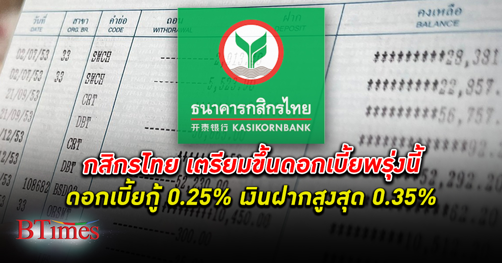 กสิกรไทย ประกาศขึ้น ดอกเบี้ย เงินกู้ยกแผง 0.25% เงินฝากสูงสุด 0.35% มีผล 13 เม.ย.66