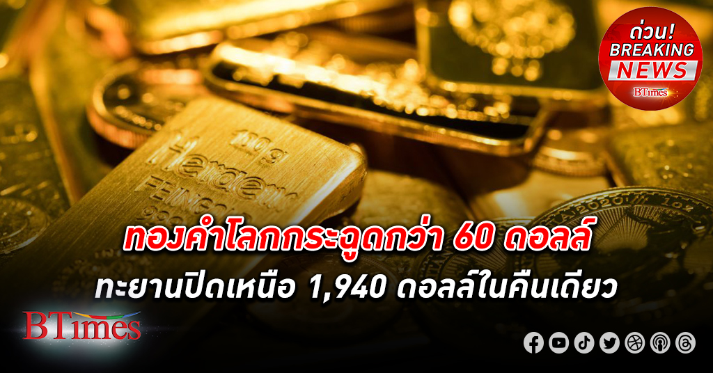ราคา ทองคำโลก พุ่งกระชากกว่า 60 ดอลลาร์ในวันเดียว ดันขึ้นปิดเหนือ 1,940 ดอลลาร์