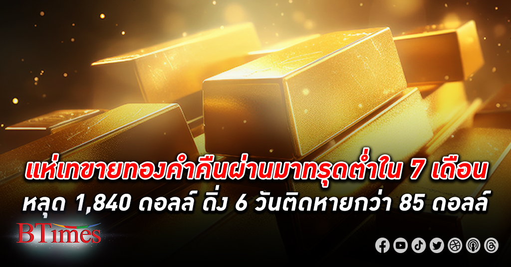 ทองดิ่งอีก! ทุบราคา ทองคำโลก ต่ำสุดใน 7 เดือน ดิ่งกว่า 15 ดอลล์ ปิดหลุด 1,840 ดอลล์อ