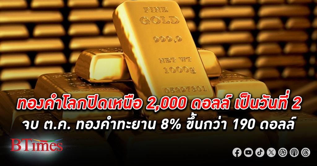 ราคา ทองคำโลก ปิดเหนือ 2,000 ดอลลาร์เป็นวันที่ 2 ติดกัน หวั่นเศรษฐกิจสหรัฐถดถอย