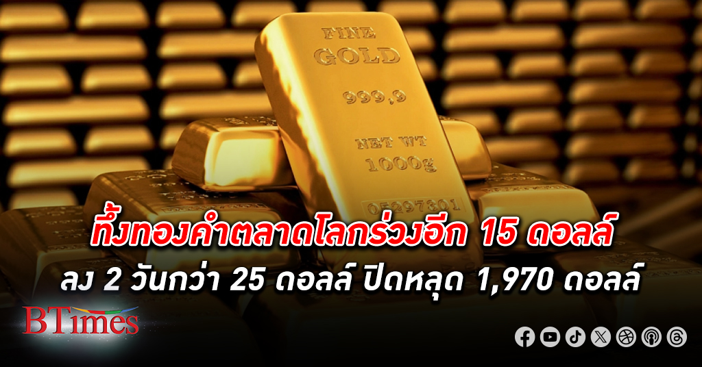 ขาลงต่อ! ราคา ทองคำโลก ปิดลงกว่า 15 ดอลลาร์ ปิดหลุด 1,970 ดอลลาร์ ต่ำสุดในรอบ 2 สัปดาห์