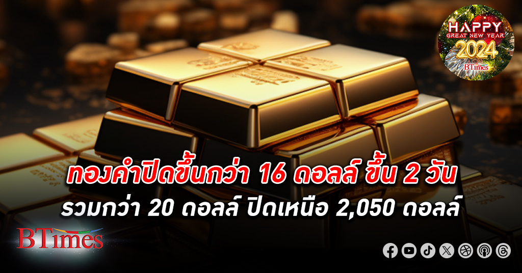 ทองคำโลก ปิดขึ้น 2 วันกว่า 20 ดอลล์ ยืนเหนือ 2,052 ดอลล์ บอนด์ยีลด์ควงดอลลาร์สหรัฐร่วง