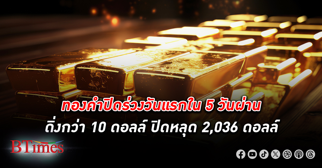 ราคา ทองคำโลก ร่วงวันแรกใน 5 วันผ่าน ปิดลงกว่า 10 ดอลลาร์ หลุด 2,039 ดอลลาร์