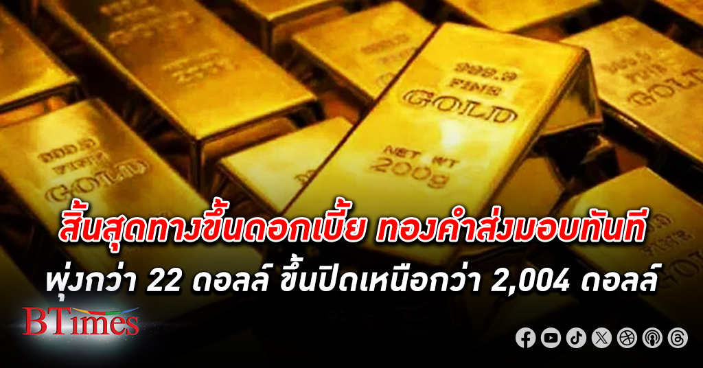 ทองคำโลก ปิดทะยานกว่า 22 ดอลล์ ขึ้นเหนือ 2,004 ดอลล์ บอนด์ยีลด์ควงดอลลาร์สหรัฐร่วง