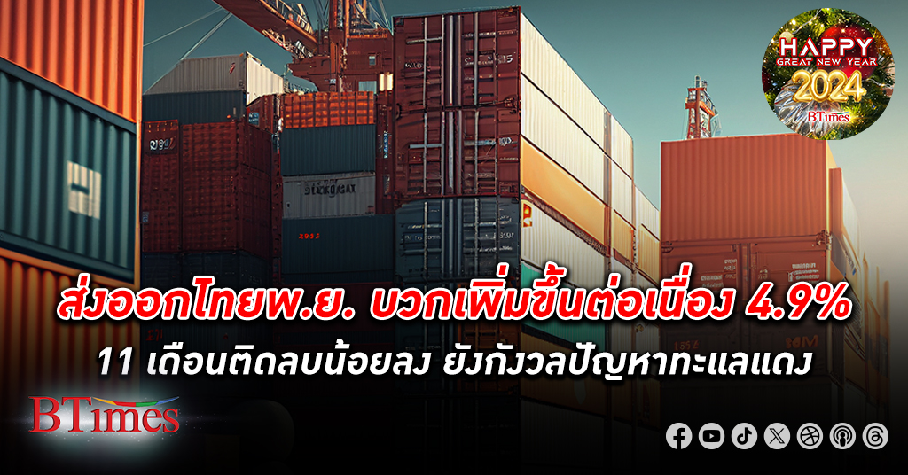 ส่งออกไทย บวกต่อ พ.ย. 66 เพิ่มขึ้น 4.9% ต่อเนื่องเดือนที่ 4 ดัน 11 เดือนติดลบน้อยลง