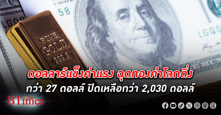 ทองคำโลก โบกถูกเทขายดิ่งกว่า 27 ดอลลาร์ ปิดเหลือกว่า 2,030 ดอลลาร์ บอนด์ยีลด์ขึ้น