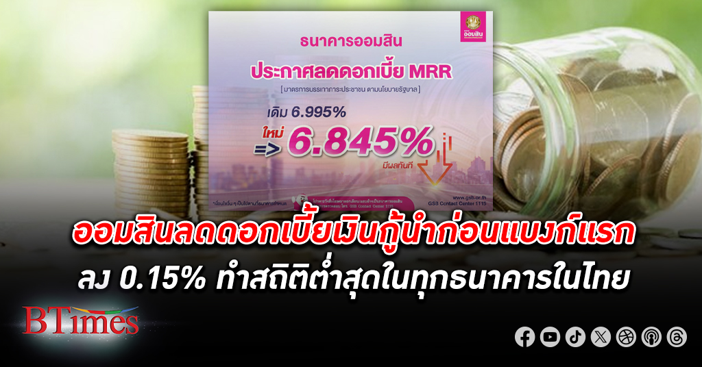 ธนาคารออมสิน สุดหล่อ ลด ดอกเบี้ย เงินกู้ MRR ลง 0.15% เหลือ 6.845% มีผลทันที