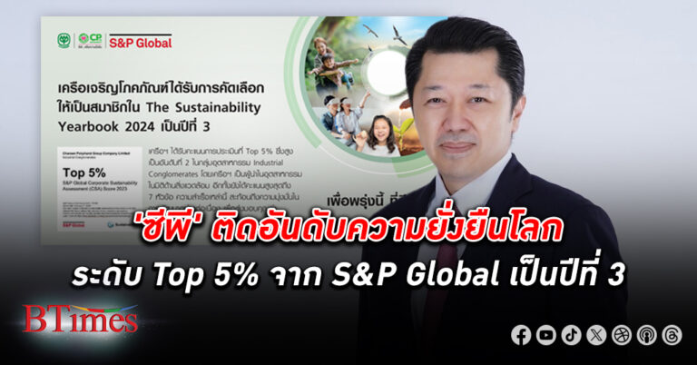 สุดยอดองค์กร! ซีพี ติดอันดับ ความยั่งยืนโลก ระดับ Top 5% จาก S&P Global ต่อเนื่องเป็นปีที่ 3