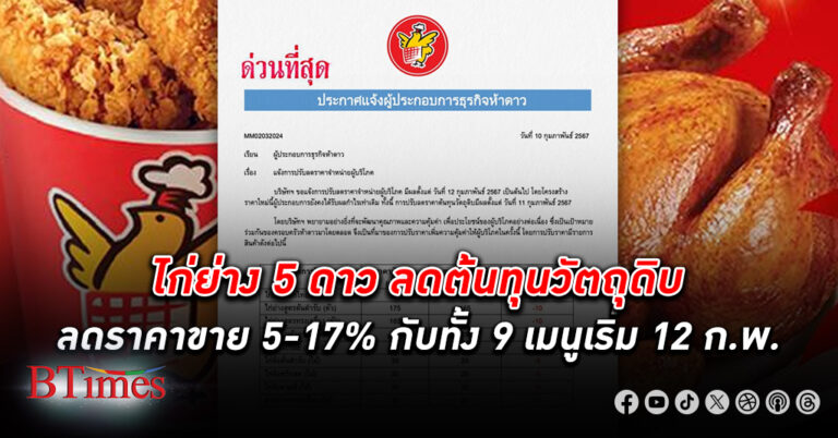 ไก่ย่างห้าดาว ลดต้นทุนวัตถุดิบวันนี้ ลดราคาขายปลีกตั้งแต่ 5-17% มีผล 12 กุมภาพันธ์