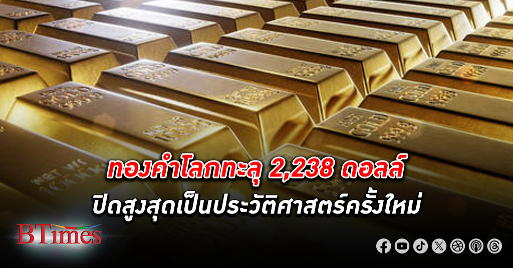 ทองคำโลก ปิดทะลุ 2,238 ดอลลาร์สูงสุดเป็นประวัติศาสตร์ครั้งใหม่ ปิดกระฉูดกว่า 46 ดอลลาร์
