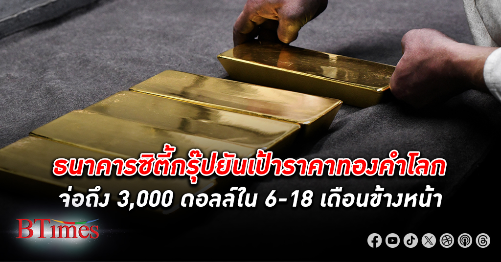 ธนาคารซิตี้กรุ๊ปยันเป้าราคา ทองคำโลก จ่อถึง 3,000 ดอลลาร์สหรัฐในอีก 6-18 เดือนข้างหน้า