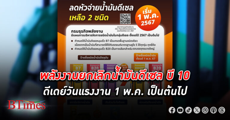 1 พ.ค. เลิกขาย ดีเซลบี 10 ทั่วไทย ไม่ต้องกังวลคุณภาพหลังปั้มมีสต็อกดีเซลบี 10 คงค้างจะผสมกับบี 7