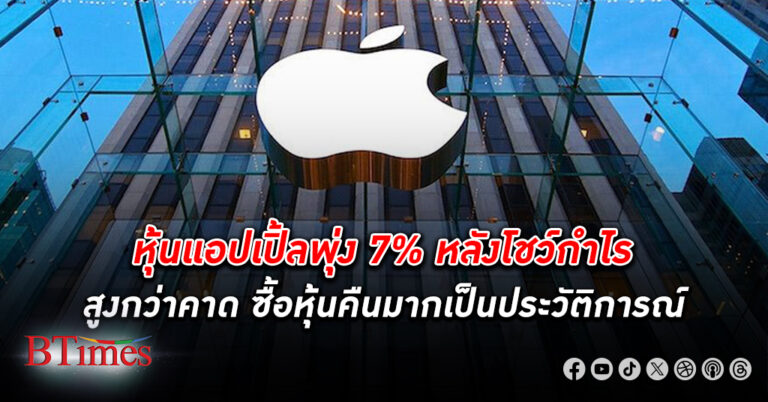 แฟนคลับลด! หุ้น แอปเปิ้ล พุ่ง 7% หลังโชว์กำไรสูงกว่าคาด ซื้อหุ้นคืนมากเป็นประวัติการณ์