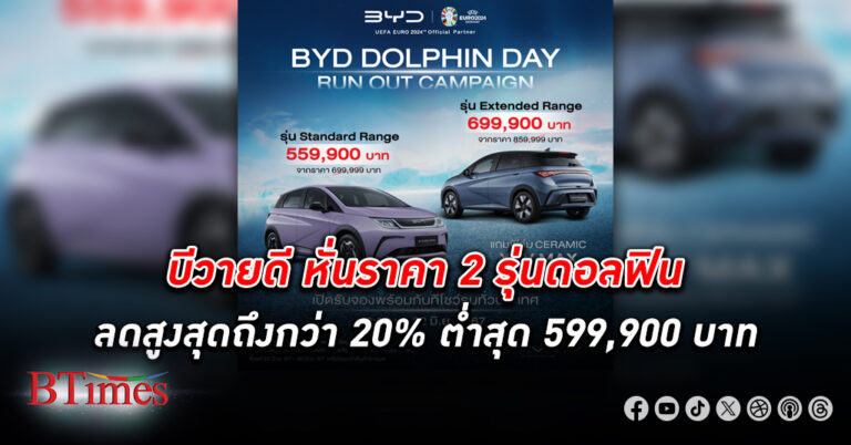 ประหยัดเงินสูงสุดอีกกว่า 20% กับ บีวายดี ดอลฟิน ทั้ง 2 รุ่น เหลือต่ำสุด 559,900 บาท มีผลเสาร์นี้ 22 มิถุนายน