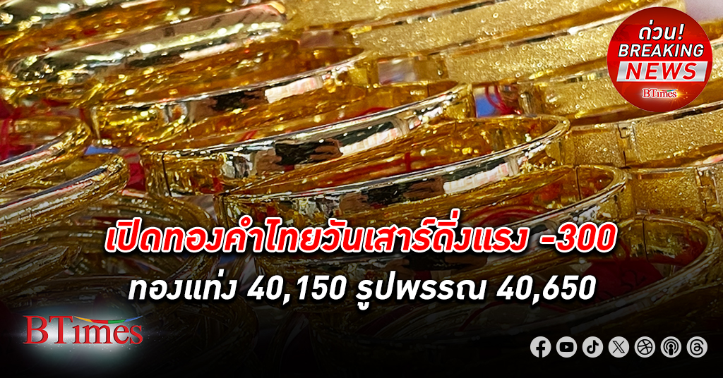 เปิดตลาด ทองคำ ไทยวันเสาร์ดิ่งต่ำสุดใน 5 สัปดาห์ ร่วง -300 บาท กดรูปพรรณลงแตะ 40,650