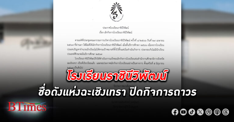 โรงเรียนราชินีวิพัฒน์ ปิดกิจการ ถาวรมีผล 5 มิถุนายน เผชิญทั้งปัญหาจำนวนนักเรียนในปัจจุบันน้อย