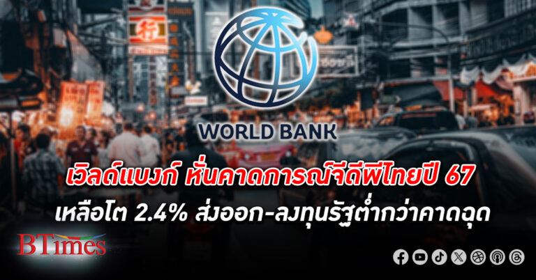 เวิลด์แบงก์ หั่นคาดการณ์ เศรษฐกิจไทย จีดีพีไทยปี 67 เหลือโต 2.4% จากเดิม 2.8% ปัจจัยฉุดจากส่งออก