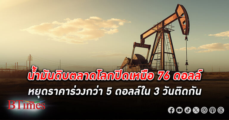 น้ำมันดิบ โลกปิดเพิ่มขึ้นวันแรกใน 3 วันผ่านมา ปิดเหนือกว่า 76 ดอลลาร์ หยุดราคาลง 3 วัน