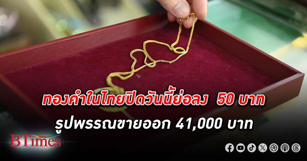 ปิดย่อลง! ราคาทองคำ ไทยวันนี้ปรับลง 50 บาท รูปพรรณขายออก 41,000 บาท