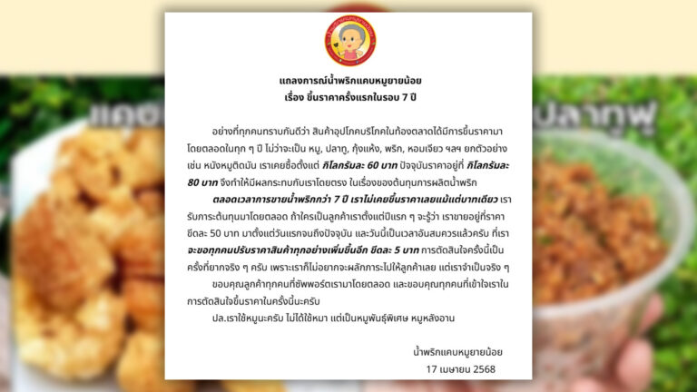 น้ำพริกแคบหมูยายน้อย ขึ้นราคาขายครั้งแรกในรอบ 7 ปี ต้นทุนทุกอย่างพุ่งยกแผง ขอขึ้นราคา 10% ยันใช้เนื้อหมูพันธุ์พิเศษ หมูหลังอาน