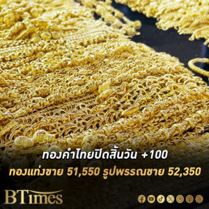 ราคาทองคำ ในไทยวันนี้จบวัน +100 บาท ทองแท่งขาย 51,550 บาท รูปพรรณ 52,350 บาท บวกต่อเนื่องจากเช้า 