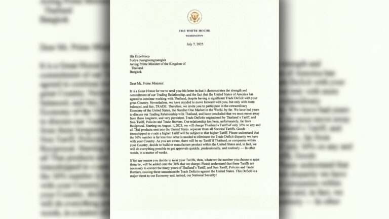 ปธน.ทรัมป์ส่งจดหมายเก็บภาษี ลดเก็บกัมพูชาจากสูงสุดใุนอาเซียน 49% ลดลง 13% มาเหลือ 36% เท่ากับไทย สหรัฐไม่ลดภาษีให้ไทย ลาว-เมียนมาถูกลดมาเหลือ 40% มีผล 1 ส.ค.