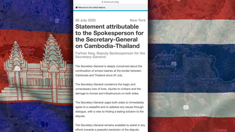 เลขาธิการองค์การสหประชาชาติ (ยูเอ็น)ประณามการสูญเสียของชีวิตประชาชนอย่างไม่จำเป็นของทั้งกัมพูชาและไทย ร้องขอทั้ง 2 ชาติให้ตกลงทันทีกับการหยุดยิงและเจรจา พร้อมช่วยให้เกิดสันติสุข