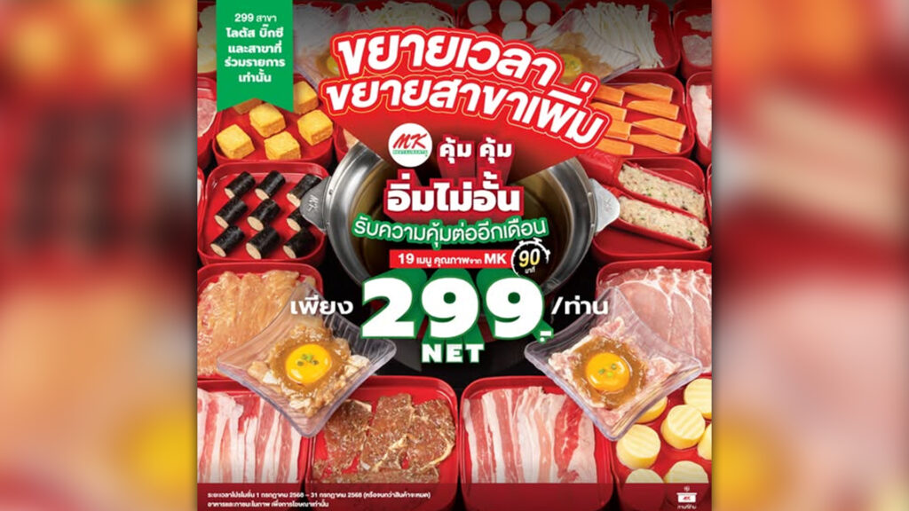 โปรโมชันบุฟเฟต์กระตุ้นตลาด เอ็มเค สุกี้ ฉลองยอดขายโตต่อเนื่อง 42% ดึงลูกค้ากลับ ขยายโปร อิ่มไม่อั้น 299 บาท อีก 1 เดือน พร้อมเพิ่มสาขาเป็น 299 สาขาทั่วประเทศ