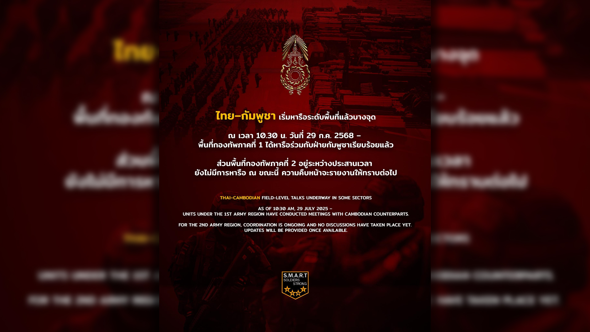 โฆษกกองทัพบกไทย ชี้ 2 กองกำลังในทัพภาคที่ 1 พบหารือกับกัมพูชาแล้ว กองกำลังสุรนารีของกองทัพภาคที่ 2 กำลังนัดวันและเวลา