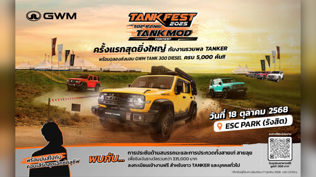 ครั้งแรกในไทย GWM จัดใหญ่ “TANK FEST 2025 and TOP RANK TANK MOD” ฉลองการส่งมอบ NEW GWM TANK 300 DIESEL 5,000 คัน เฟสติวัลรวมพลคนรัก TANK ที่รวมสายออฟโรดและสายรถแต่งไว้ในงานเดียว 18 ตุลาคมนี้!
