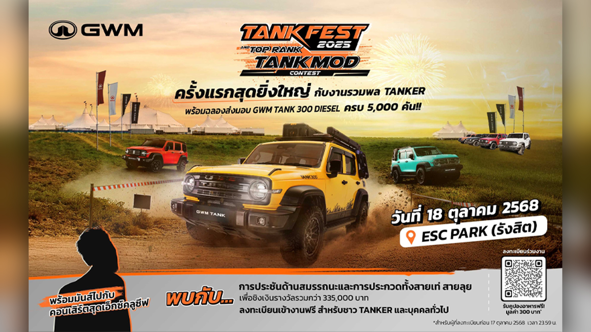 ครั้งแรกในไทย GWM จัดใหญ่ “TANK FEST 2025 and TOP RANK TANK MOD” ฉลองการส่งมอบ NEW GWM TANK 300 DIESEL 5,000 คัน เฟสติวัลรวมพลคนรัก TANK ที่รวมสายออฟโรดและสายรถแต่งไว้ในงานเดียว 18 ตุลาคมนี้!