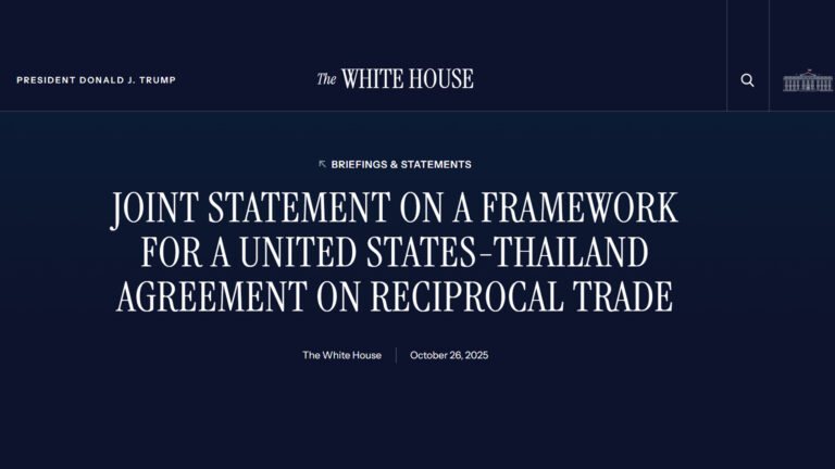 ทำเนียบขาวเผยสาระสำคัญดีลเจรจาภาษีและ การค้าสหรัฐ - ไทย ไทยพร้อมยกเลิกภาษีสินค้ามากถึง 99% คลุมตั้งแต่อุตสาหกรรม อาหาร และเกษตรกรรม ไทยจะทุ่มเกือบ 880,000 ล้านบาทซื้อเครื่องบิน น้ำมันดิบ ก๊าซธรรมชาติ อาหารสัตว์จากสหรัฐ ไทยรับปากจะจัดการและป้องกันอุปสรรคต่อสินค้าอาหารและสินค้าเกษตรของสหรัฐฯ ในตลาดไทย