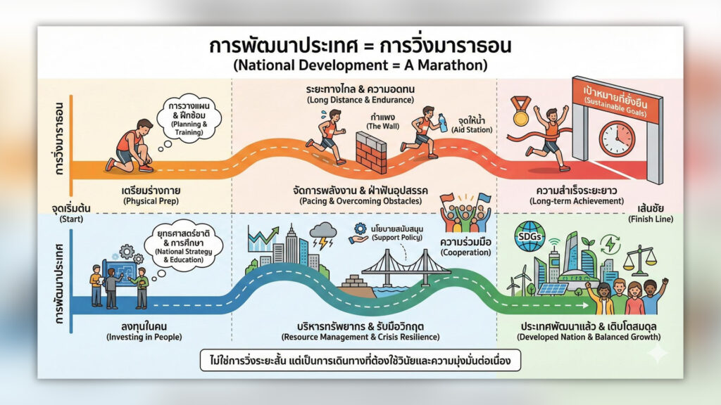 สภาพัฒน์ ชี้การพัฒนาประเทศ คือการวิ่งมาราธอน การพัฒนาไม่มีทางลัด ต้องใช้ 3 อย่างสำคัญ
