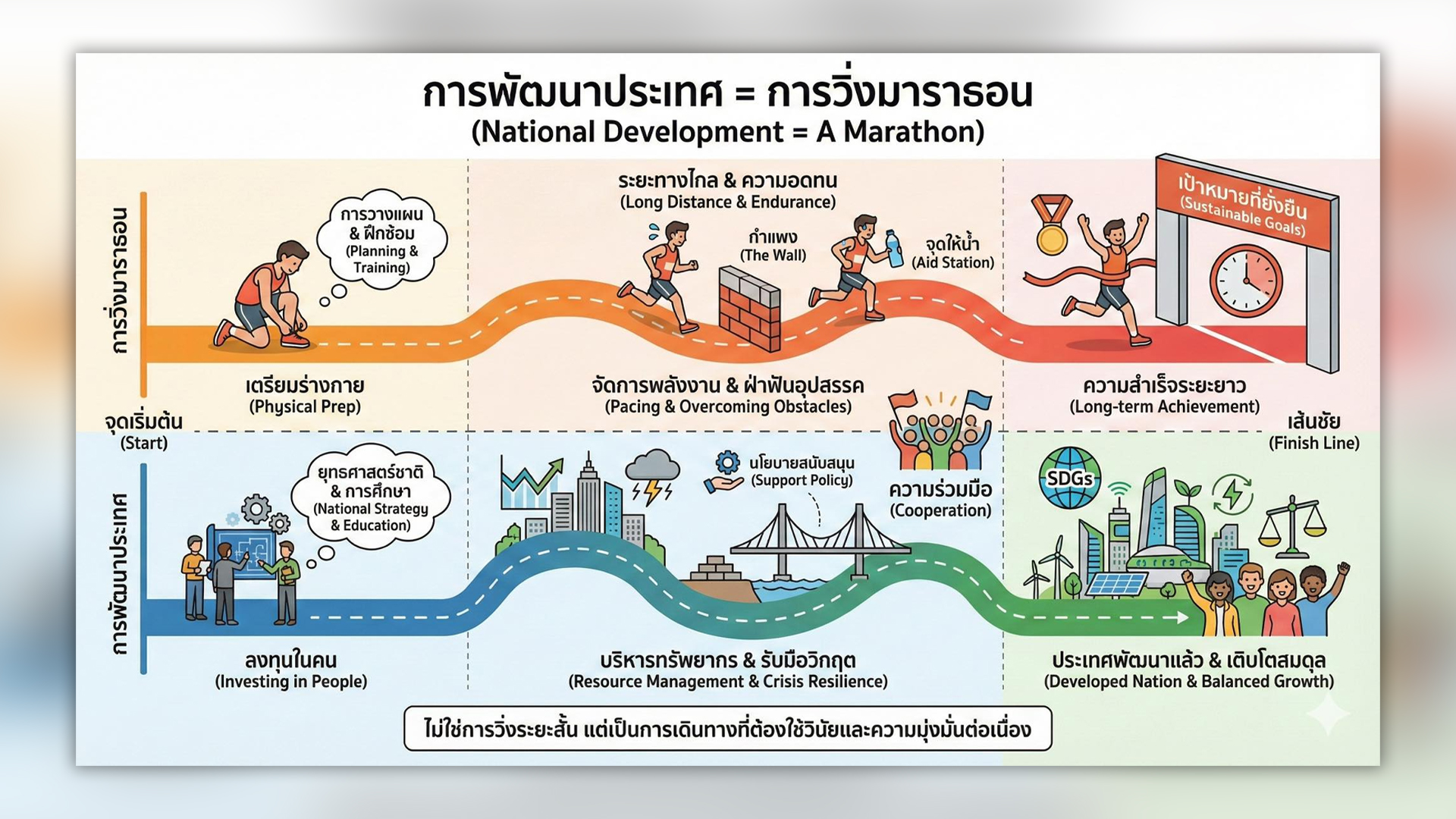 สภาพัฒน์ ชี้การพัฒนาประเทศ คือการวิ่งมาราธอน การพัฒนาไม่มีทางลัด ต้องใช้ 3 อย่างสำคัญ