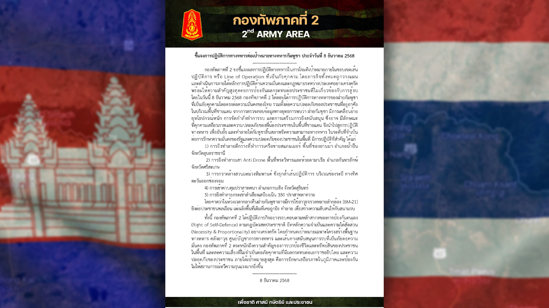 กองทัพภาค 2 แจงผลปฏิบัติการทำลาย-ยึดคืนเป้าหมายทางทหารกัมพูชา 
