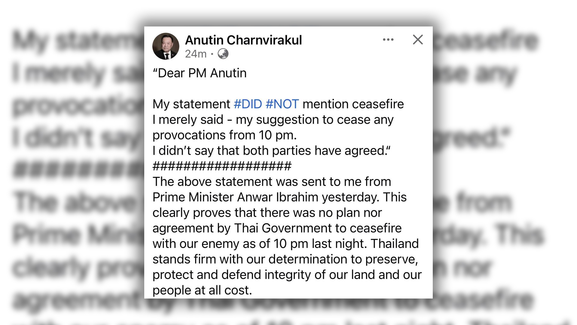 นายกฯ มาเลเซีย รีบแจงอนุทิน ไม่ได้พูดทั้ง 2 ฝ่ายหยุดยิง ไม่ได้บอกว่าไทยและกัมพูชาเห็นด้วย เสนอให้ทั้ง 2 ฝ่ายหยุดยั่วยุมีผล 4 ทุ่ม ทั้ง 2 ฝ่าย